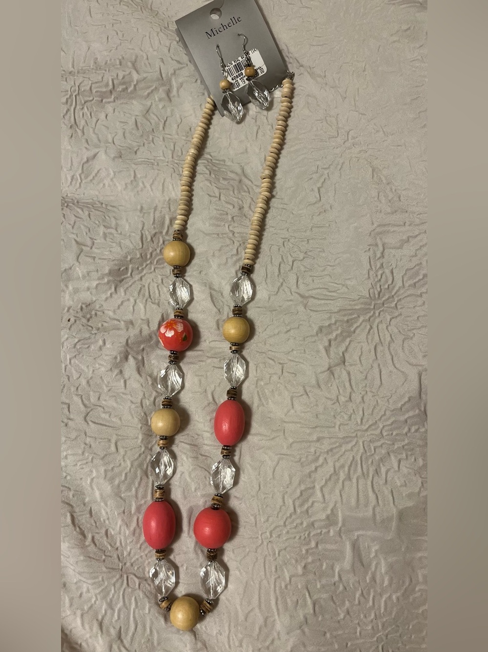 Michele Coral and Natural Wooden Bead Necklace with Clear Accents - Picture 2 of 2
